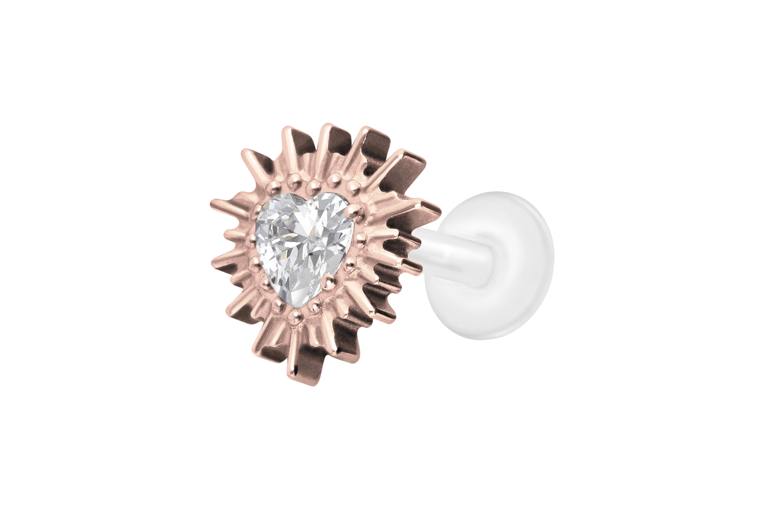 PTFE Labret Piercing mit Innengewinde + Titan-Aufsatz KRISTALLHERZ + SONNENSTRAHLEN